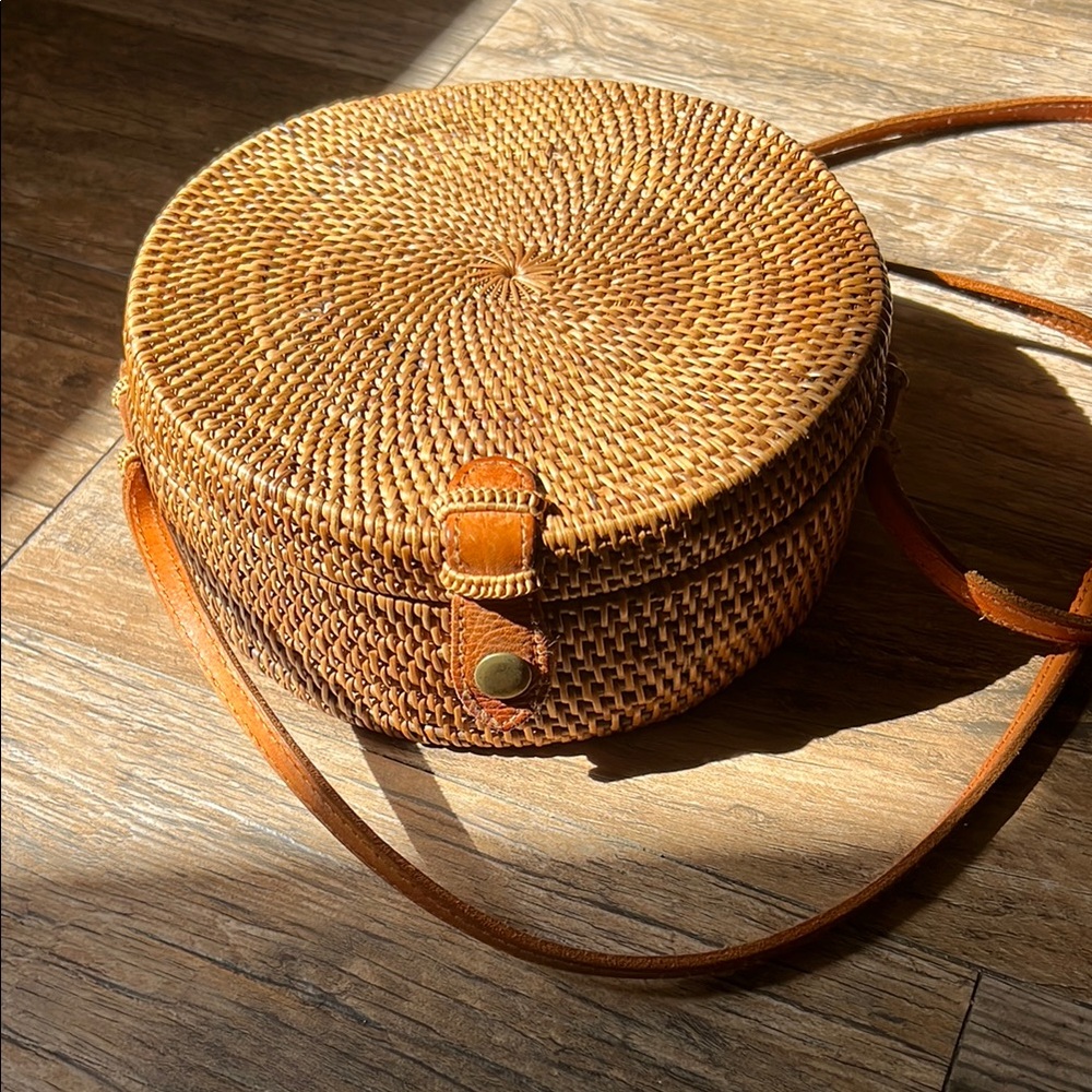 Brown Woven Rattan Crossbody Bag